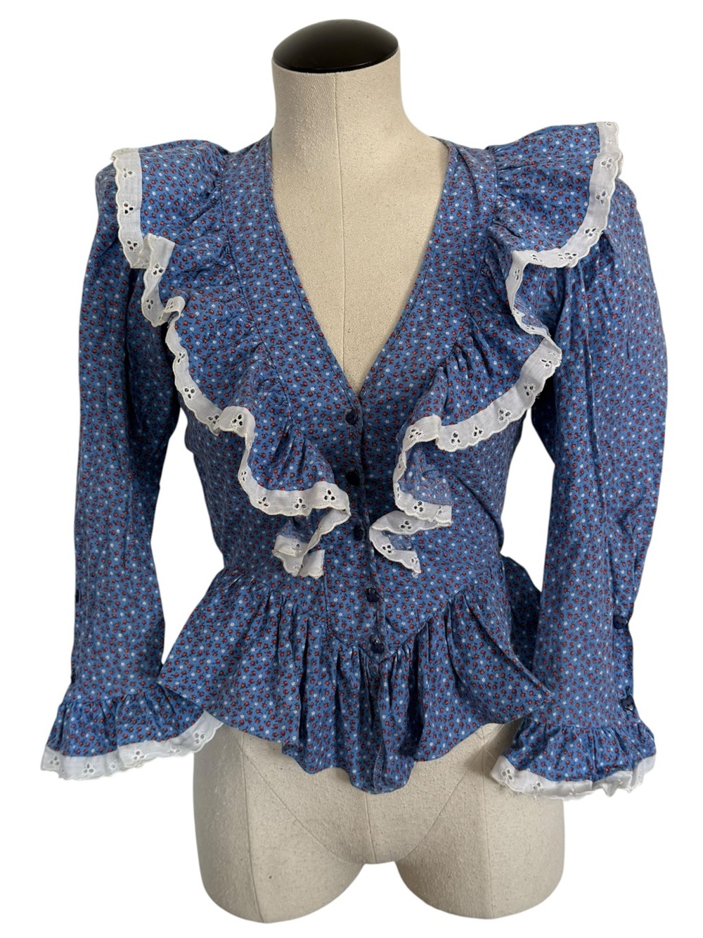 Vintage Diane Gilman Floral Ruffle Peplum Blouse Eyelet Trim Cottagecore XS